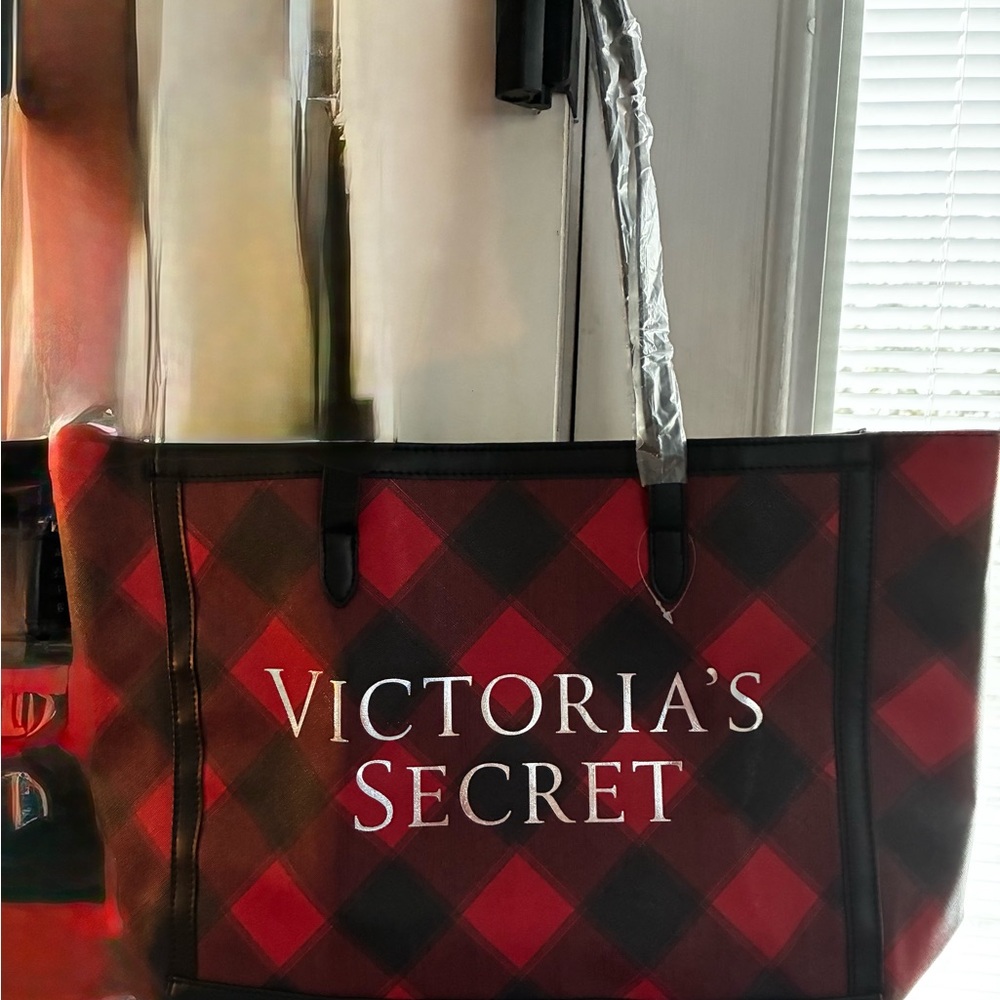 Victoria's Secret Red and Black Checkered Tote Bag